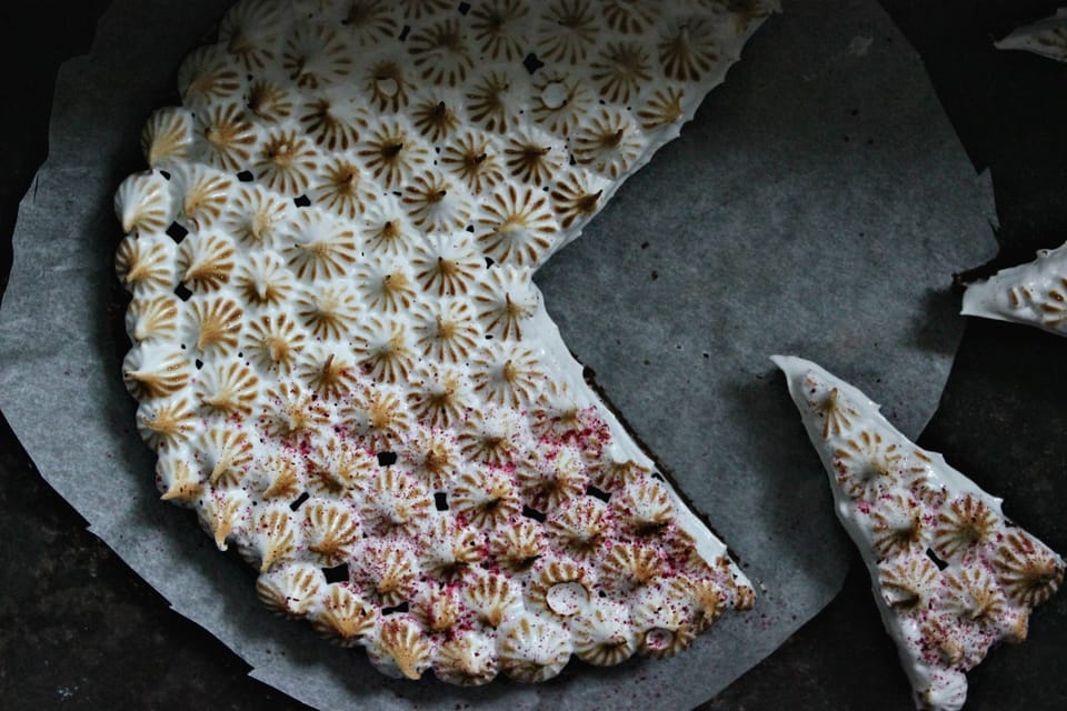 BROWNIE WITH BLACKCURRANT GANACHE AND BURNT MERINGUES