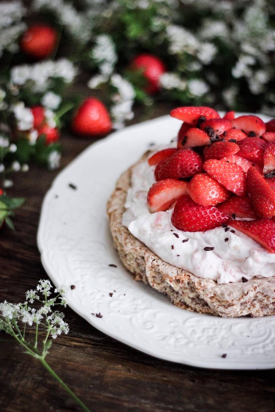 ALMOND RHUBARB CAKE WITH FRESH STRAWBERRIES