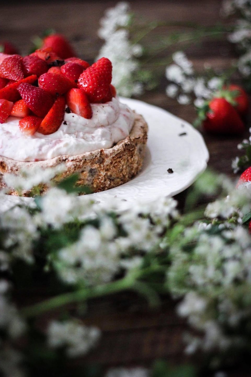 ALMOND RHUBARB CAKE WITH FRESH STRAWBERRIES